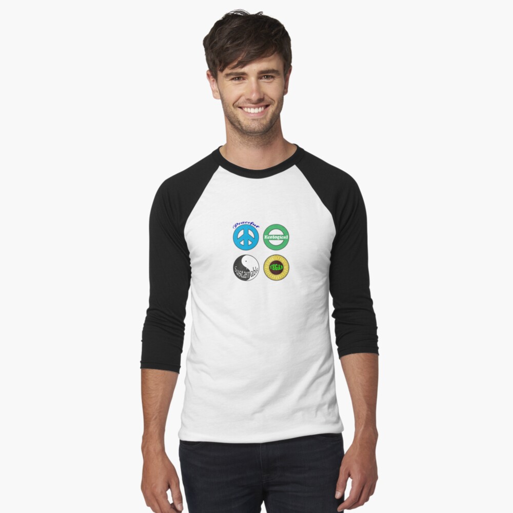 peaceful ecological sustainable vegan baseball sleeve t-shirt